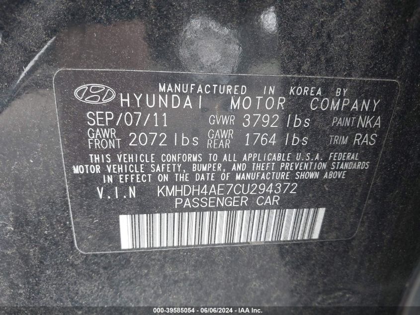 2012 Hyundai Elantra Gls (Ulsan Plant) VIN: KMHDH4AE7CU294372 Lot: 39585054