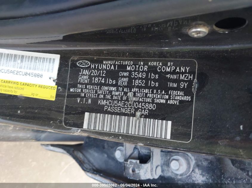 2012 Hyundai Accent Se VIN: KMHCU5AE2C4045880 Lot: 39585062