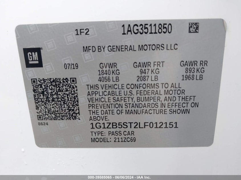 2020 Chevrolet Malibu Fwd Ls VIN: 1G1ZB5ST2LF012151 Lot: 39585065