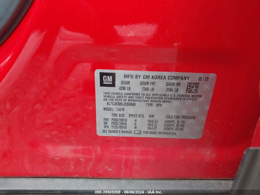 2020 Chevrolet Trax Fwd Ls VIN: KL7CJKSB5LB350668 Lot: 39585069