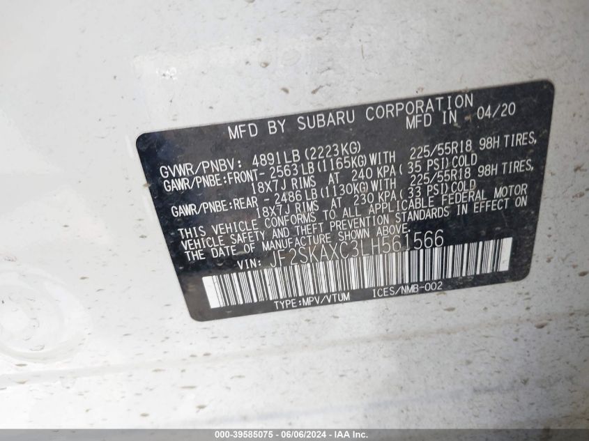 2020 Subaru Forester Touring VIN: JF2SKAXC3LH561566 Lot: 39585075