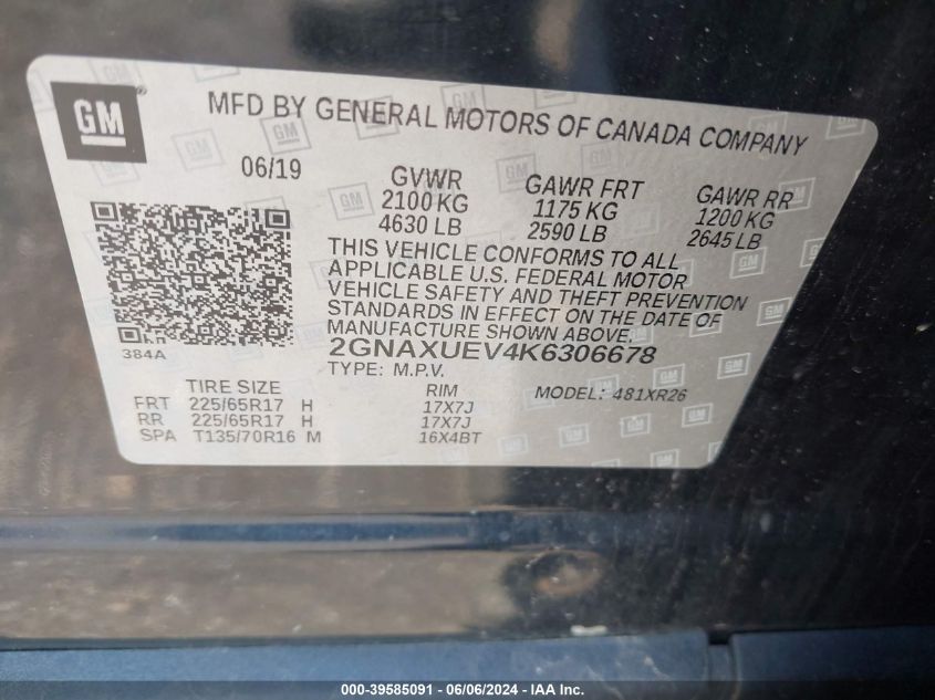 2019 Chevrolet Equinox Lt VIN: 2GNAXUEV4K6306678 Lot: 39585091