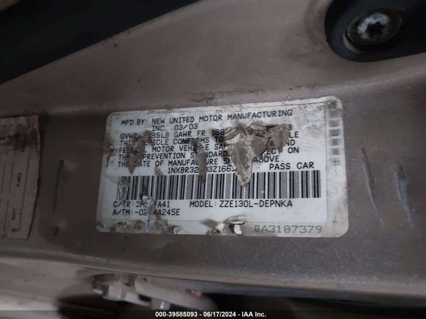 2003 Toyota Corolla Le VIN: 1NXBR32E93Z166504 Lot: 39585093