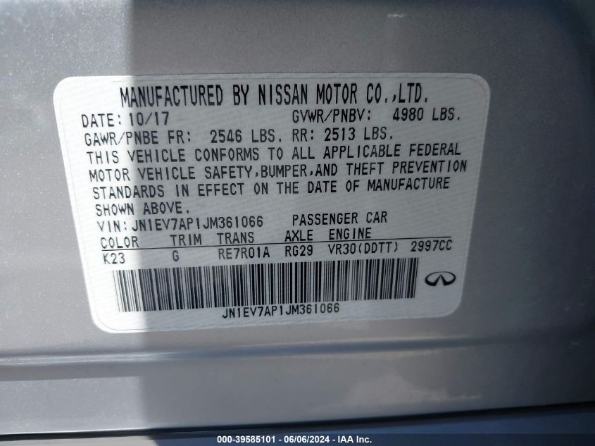 2018 Infiniti Q50 3.0T Luxe VIN: JN1EV7AP1JM361066 Lot: 39585101