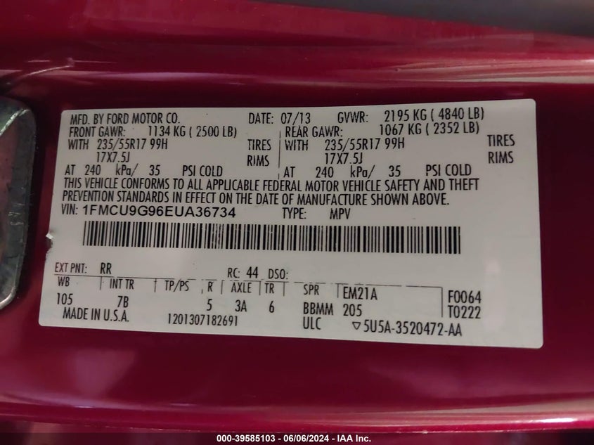 2014 Ford Escape Se VIN: 1FMCU9G96EUA36734 Lot: 39585103