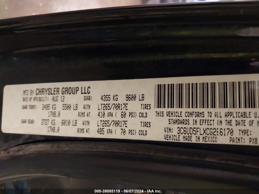 2012 Ram 2500 Laramie VIN: 3C6UD5FLXCG266170 Lot: 39585119