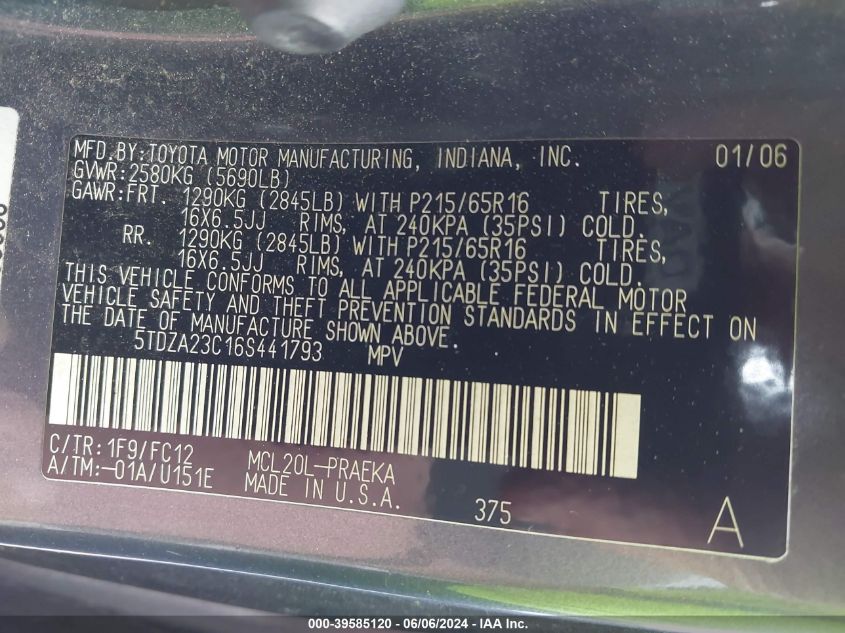 2006 Toyota Sienna Ce/Le VIN: 5TDZA23C16S441793 Lot: 39585120