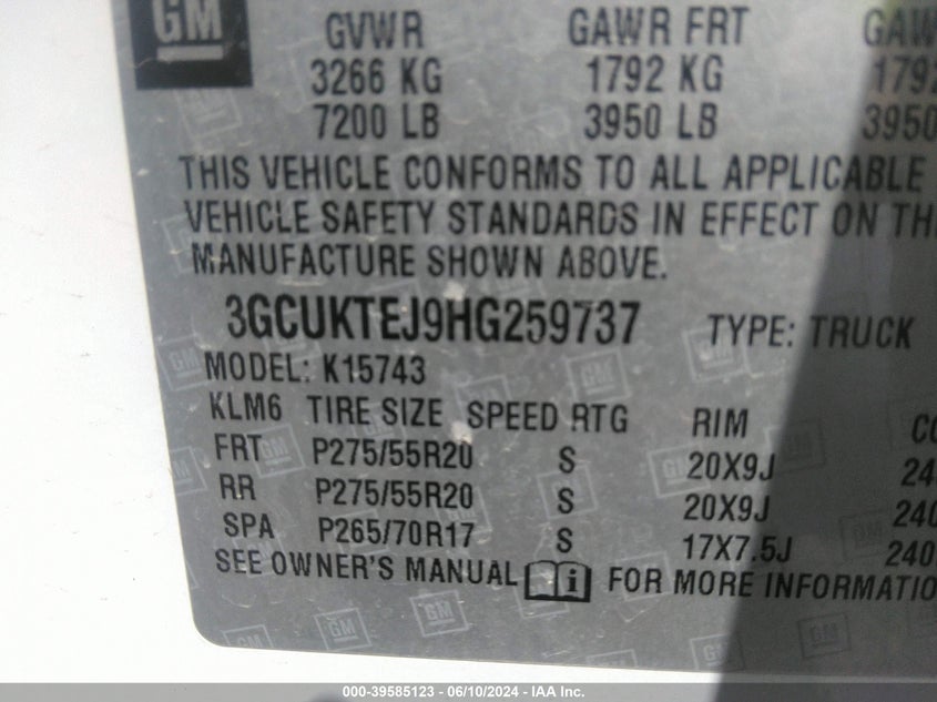 2017 Chevrolet Silverado 1500 High Country VIN: 3GCUKTEJ9HG259737 Lot: 39585123