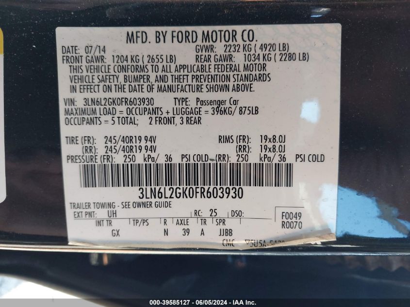 2015 Lincoln Mkz VIN: 3LN6L2GK0FR603930 Lot: 39585127