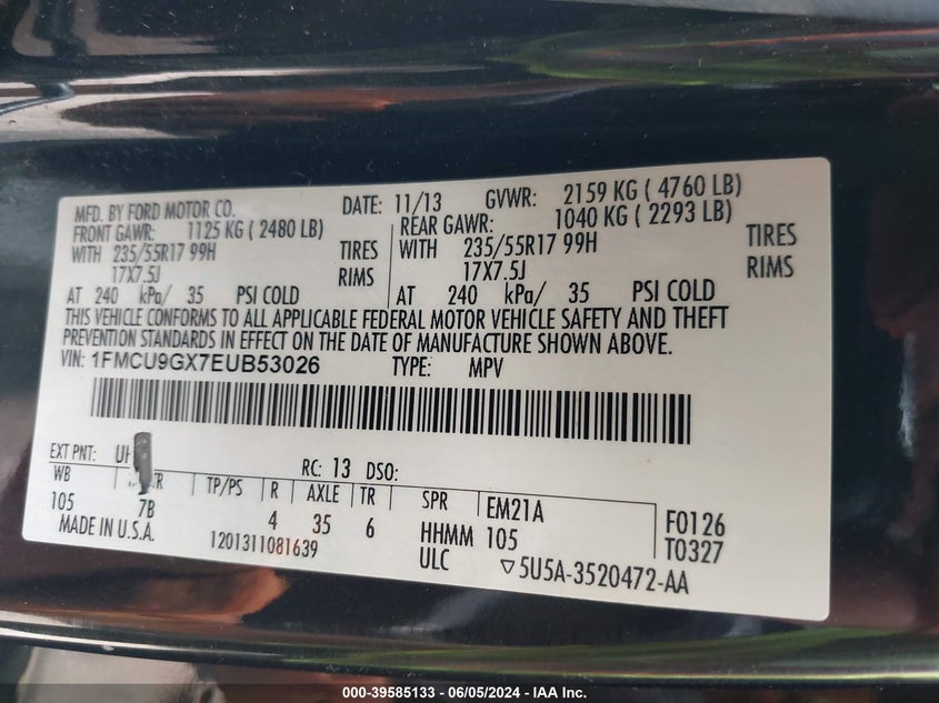 2014 Ford Escape Se VIN: 1FMCU9GX7EUB53026 Lot: 39585133