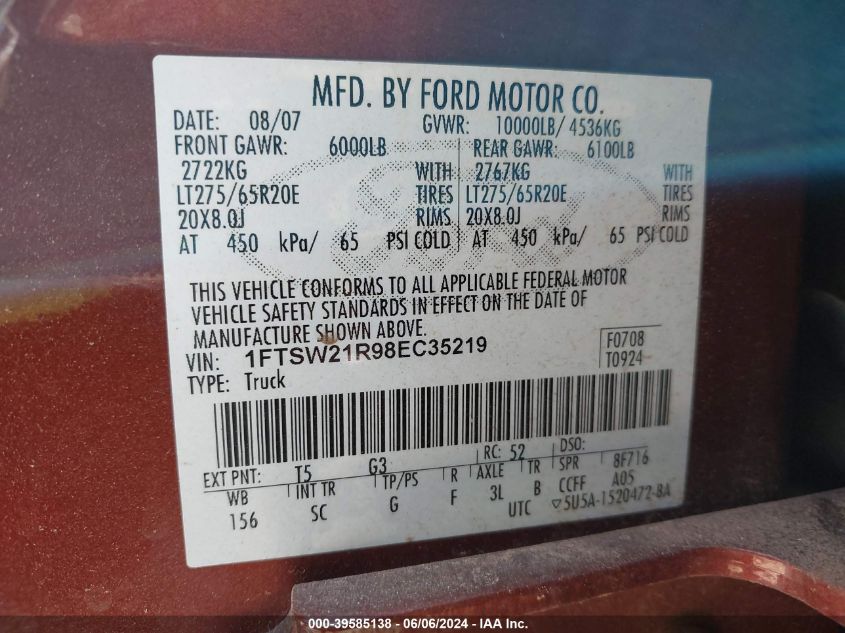 2008 Ford F-250 Fx4/Harley-Davidson/King Ranch/Lariat/Xl/Xlt VIN: 1FTSW21R98EC35219 Lot: 39585138