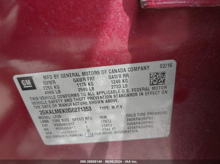 2016 GMC Terrain Sle-1 VIN: 2GKALMEK0G6271353 Lot: 39585140