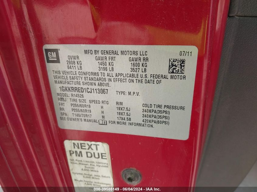 2012 GMC Acadia Slt-1 VIN: 1GKKRRED1CJ113067 Lot: 39585149