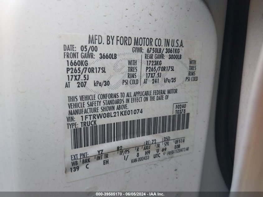 2001 Ford F-150 King Ranch Edition/Lariat/Xlt VIN: 1FTRW08L21KE01074 Lot: 39585170