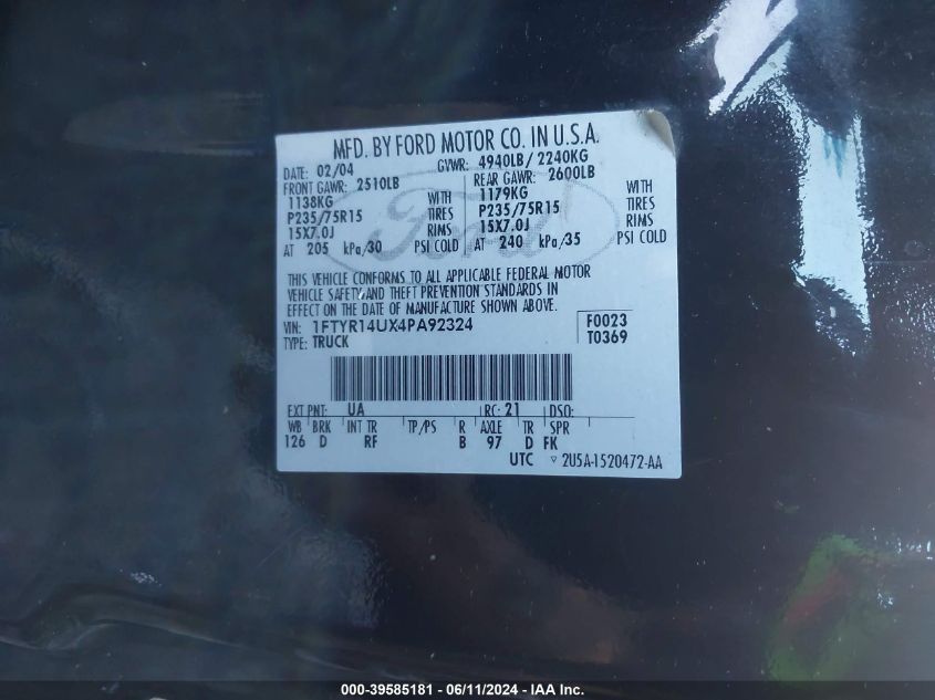 2004 Ford Ranger Edge/Tremor/Xl/Xlt VIN: 1FTYR14UX4PA92324 Lot: 39585181