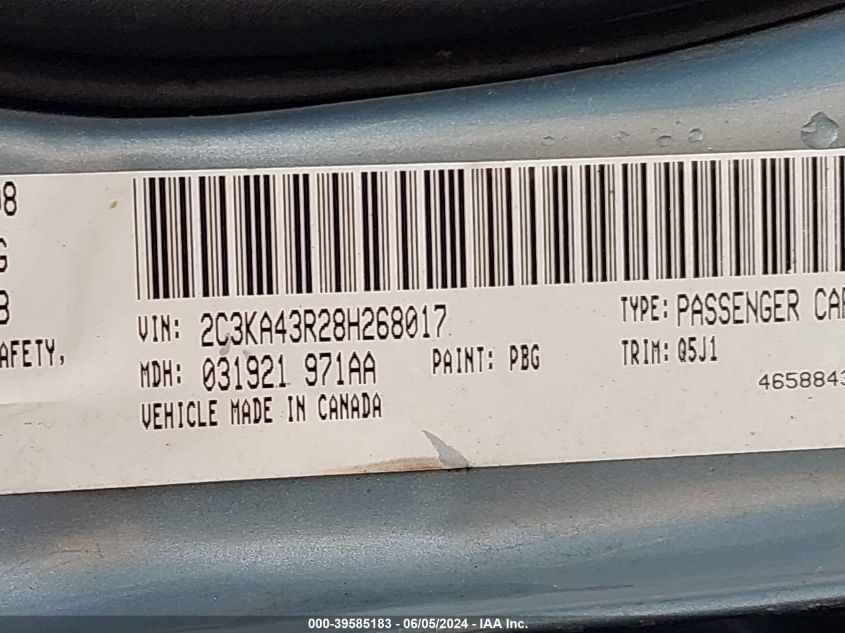 2008 Chrysler 300 Lx VIN: 2C3KA43R28H268017 Lot: 39585183