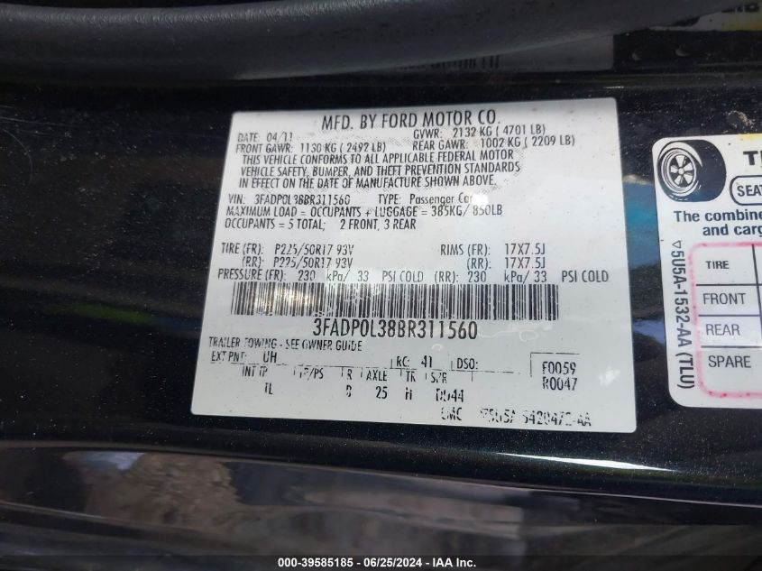 2011 Ford Fusion Hybrid VIN: 3FADP0L38BR311560 Lot: 39585185