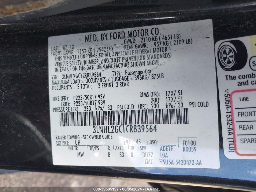 2012 Lincoln Mkz VIN: 3LNHL2GC1CR839564 Lot: 39585197