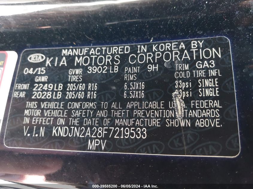 2015 Kia Soul VIN: KNDJN2A28F7219533 Lot: 39585200