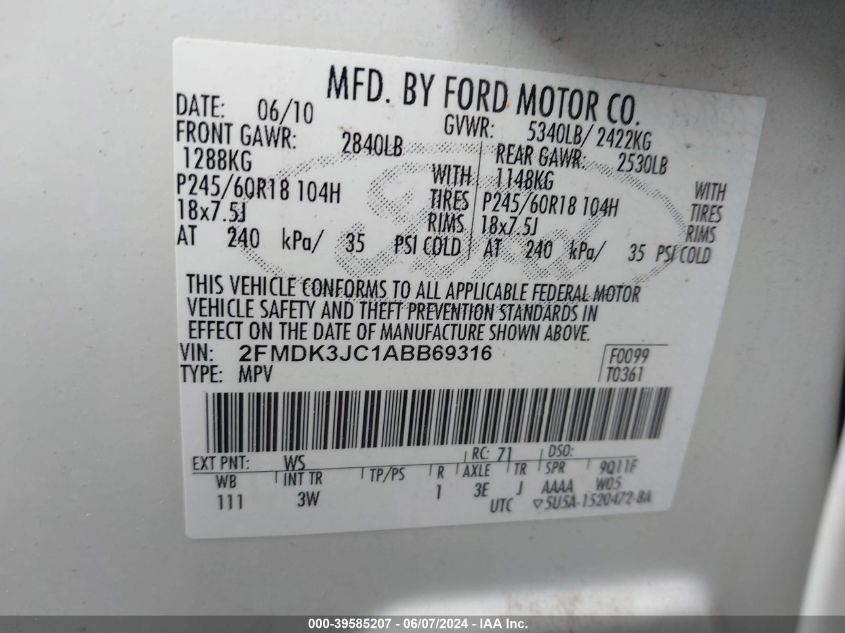 2010 Ford Edge Sel VIN: 2FMDK3JC1ABB69316 Lot: 39585207