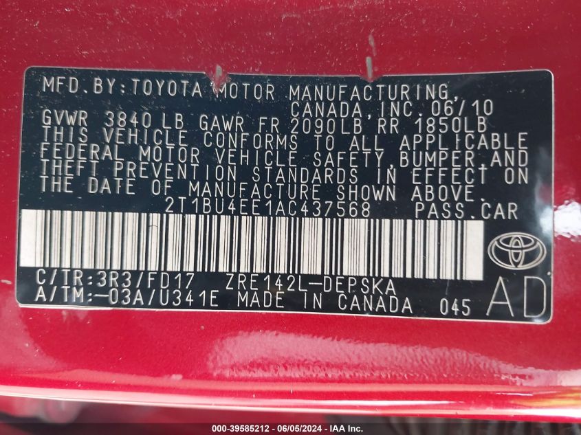 2010 Toyota Corolla S VIN: 2T1BU4EE1AC437568 Lot: 39585212