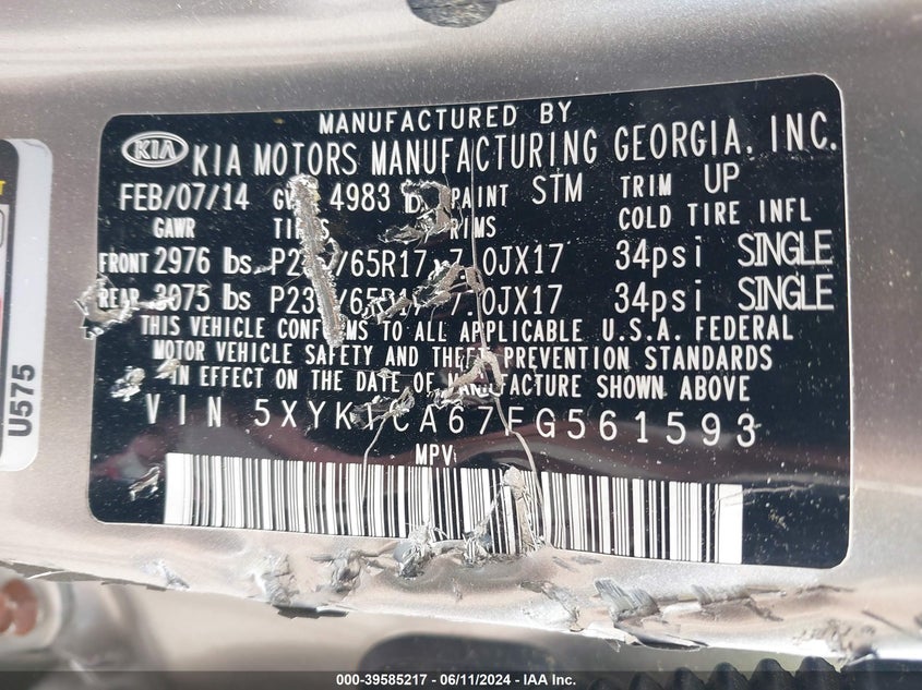 2015 Kia Sorento Lx VIN: 5XYKTCA67FG561593 Lot: 39585217