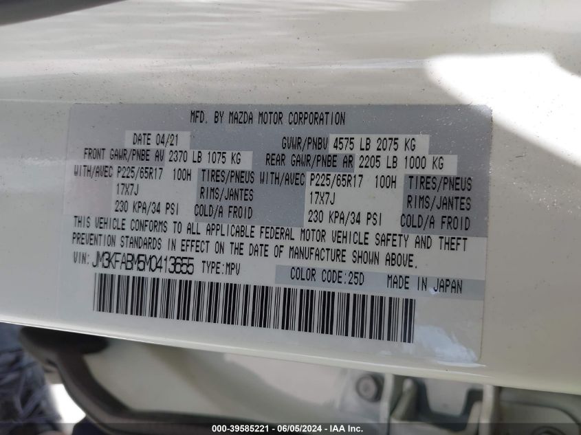 2021 Mazda Cx-5 Sport VIN: JM3KFABM5M0413655 Lot: 39585221