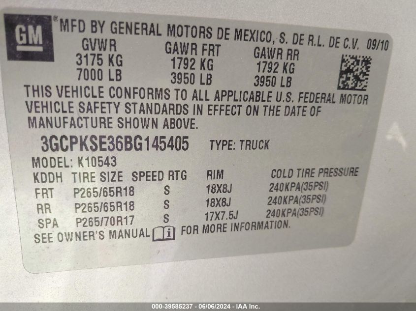 2011 Chevrolet Silverado 1500 Lt VIN: 3GCPKSE36BG145405 Lot: 39585237