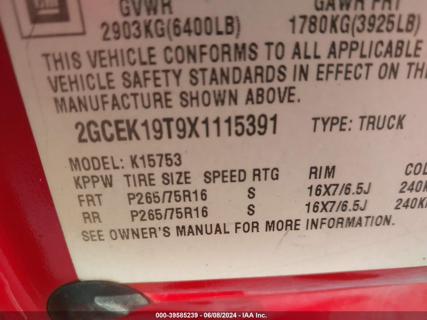 1999 Chevrolet Silverado 1500 Ls VIN: 2GCEK19T9X1115391 Lot: 39585239