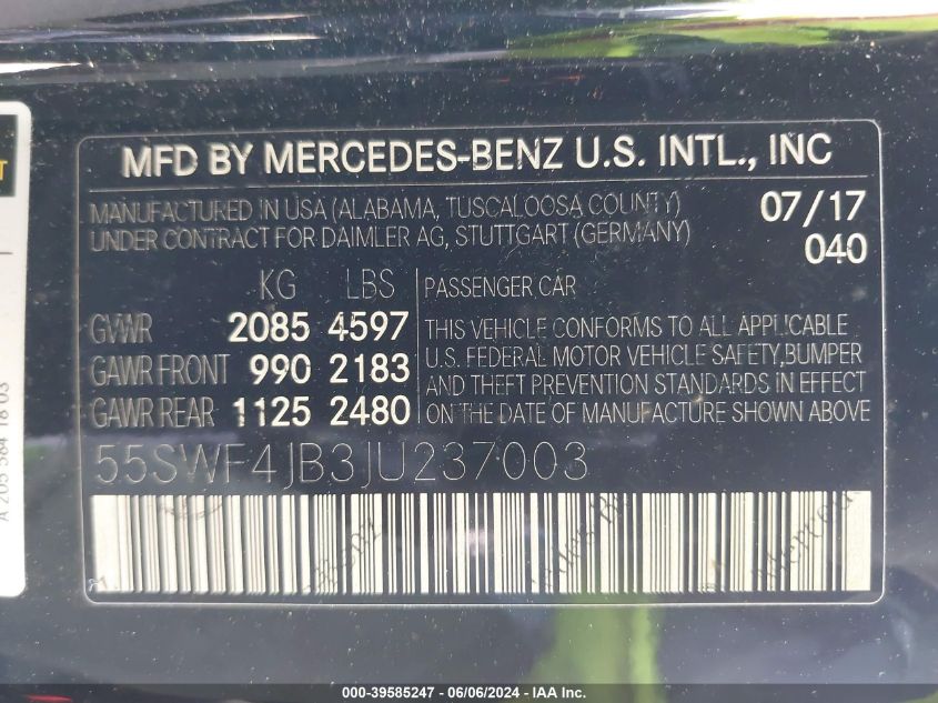 2018 Mercedes-Benz C 300 VIN: 55SWF4JB3JU237003 Lot: 39585247