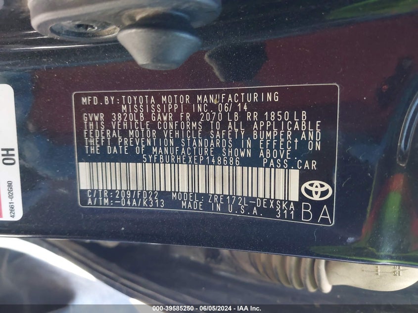 2014 Toyota Corolla S Plus VIN: 5YFBURHEXEP148686 Lot: 39585250