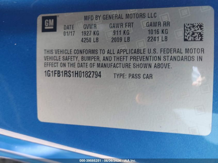 2017 Chevrolet Camaro 1Lt VIN: 1G1FB1RS1H0182794 Lot: 39585251