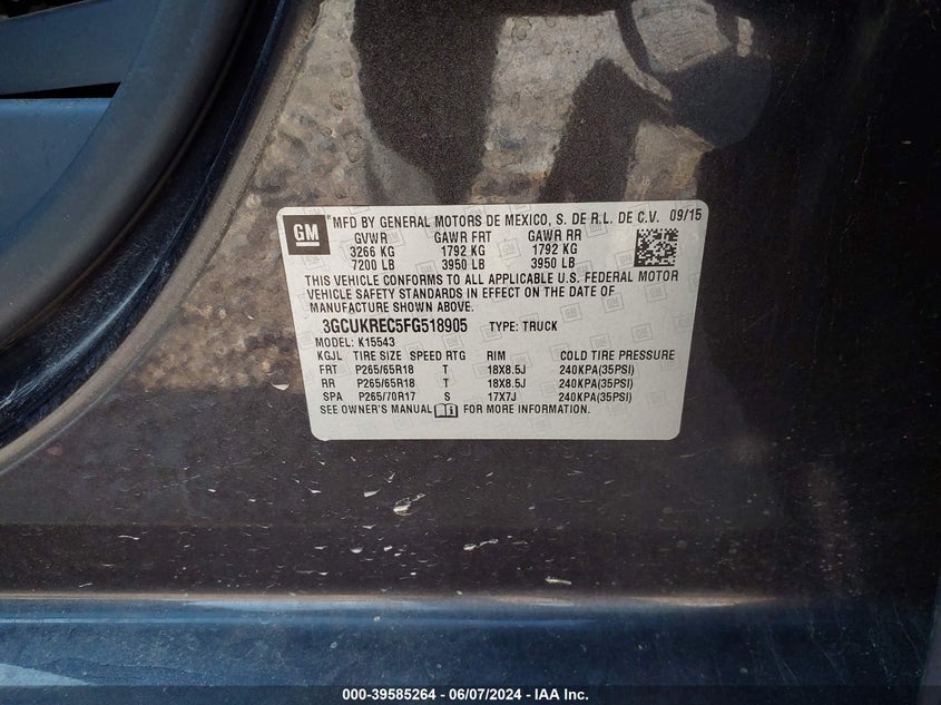 2015 Chevrolet Silverado 1500 2Lt VIN: 3GCUKREC5FG518905 Lot: 39585264