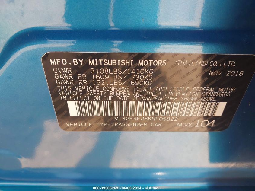 ML32F3FJ8KHF05822 2019 Mitsubishi Mirage G4 Es/Rf