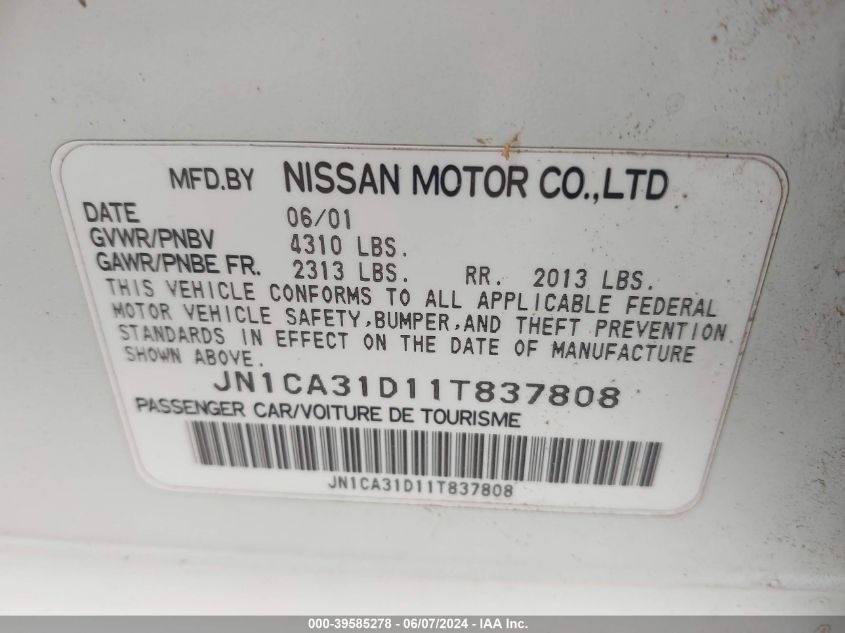 2001 Nissan Maxima Gxe VIN: JN1CA31D11T837808 Lot: 39585278