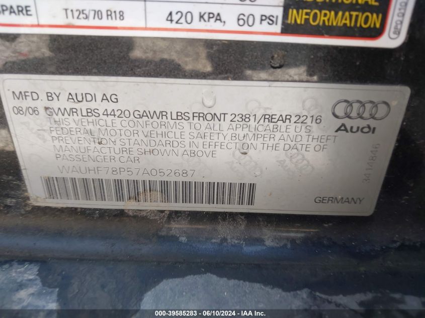 2007 Audi A3 VIN: WAUHF78P57A052687 Lot: 39585283