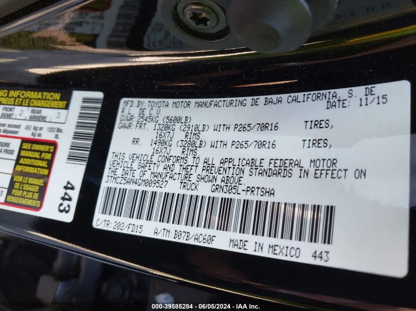 2016 Toyota Tacoma Trd Off Road VIN: 3TMCZ5AN4GM009527 Lot: 39585284