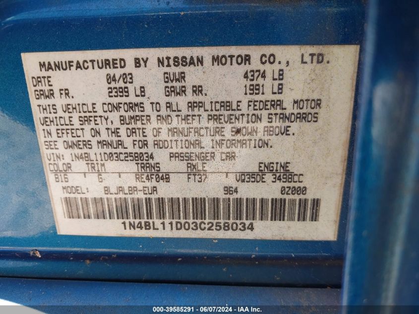 2003 Nissan Altima 3.5 Se VIN: 1N4BL11D03C258034 Lot: 39585291