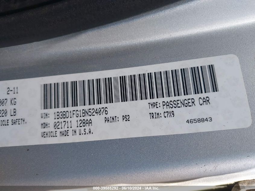 2011 Dodge Avenger Mainstreet VIN: 1B3BD1FG1BN524076 Lot: 39585292