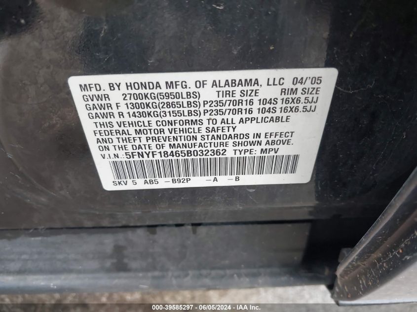 2005 Honda Pilot Ex VIN: 5FNYF18465B032362 Lot: 39585297