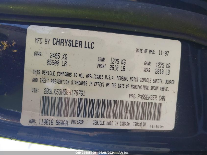 2008 Dodge Charger R/T VIN: 2B3LK53H58H178761 Lot: 39585309