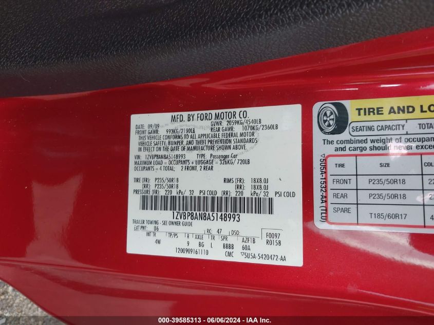 2010 Ford Mustang V6 Premium VIN: 1ZVBP8AN8A5148993 Lot: 39585313