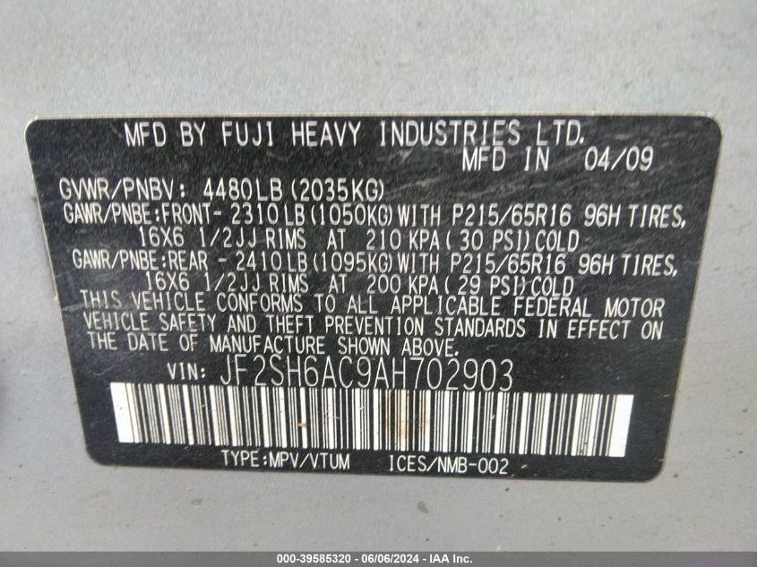 2010 Subaru Forester 2.5X VIN: JF2SH6AC9AH702903 Lot: 39585320