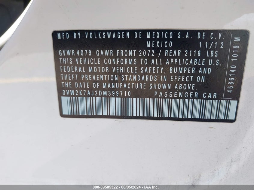 2013 Volkswagen Jetta 2.0L S VIN: 3VW2K7AJ2DM399710 Lot: 39585322