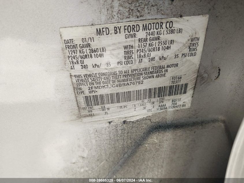 2011 Ford Edge Sel VIN: 2FMDK3JC4BBA76792 Lot: 39585325