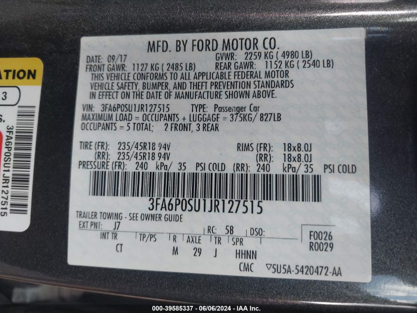 2018 FORD FUSION ENERGI TITANIUM/PLATINUM PHEV - 3FA6P0SU1JR127515