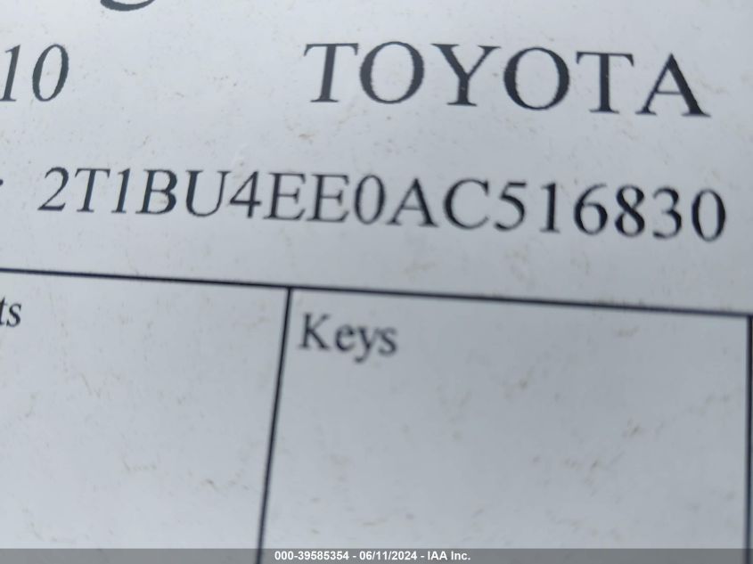 2010 Toyota Corolla S VIN: 2T1BU4EE0AC516830 Lot: 39585354