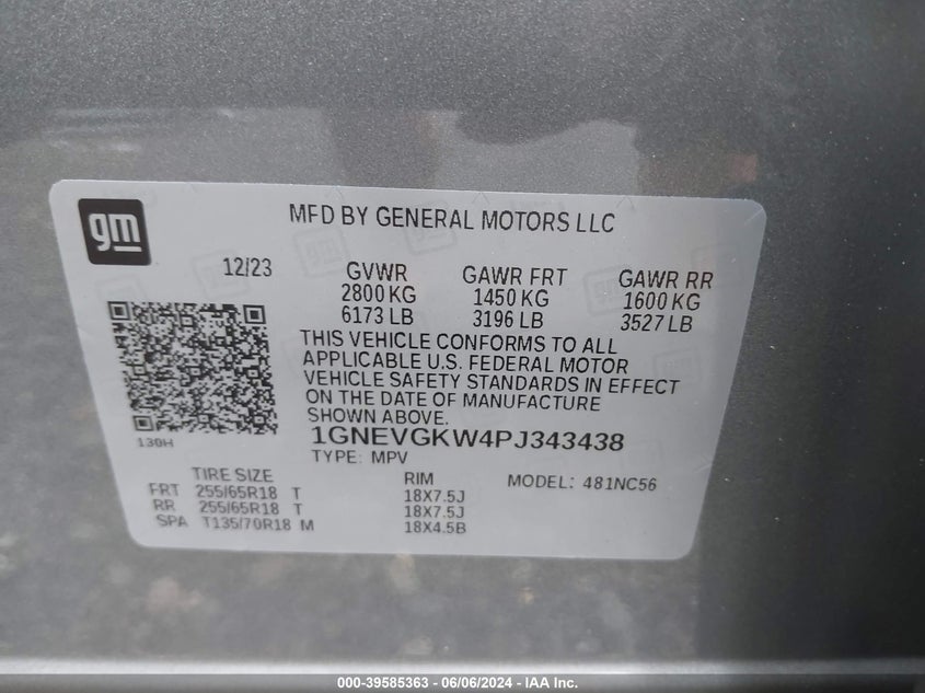 2023 Chevrolet Traverse Awd Lt Cloth VIN: 1GNEVGKW4PJ343438 Lot: 39585363