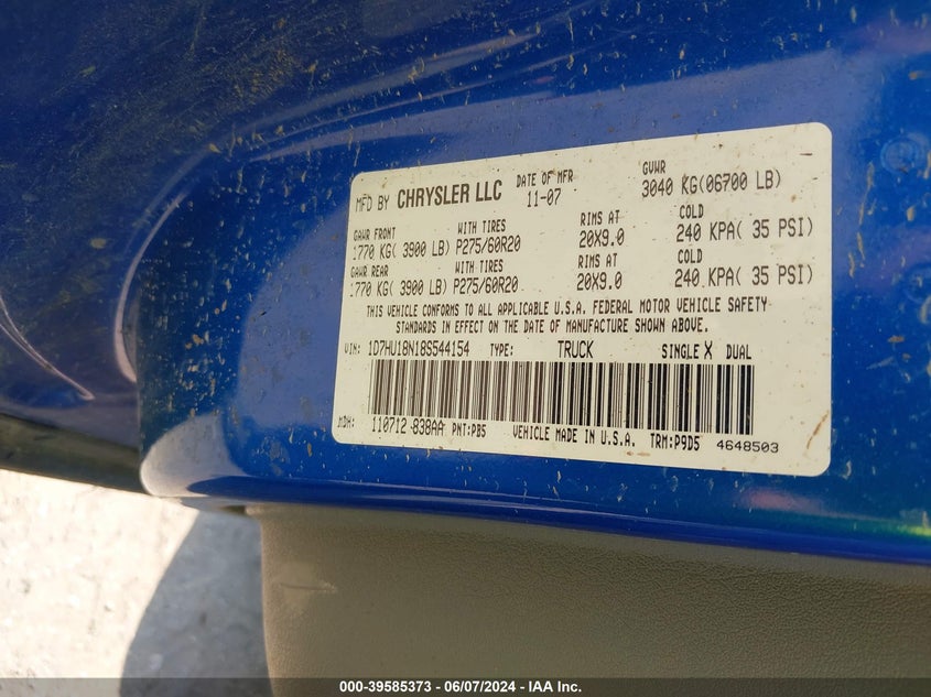 2008 Dodge Ram 1500 Slt VIN: 1D7HU18N18S544154 Lot: 39585373