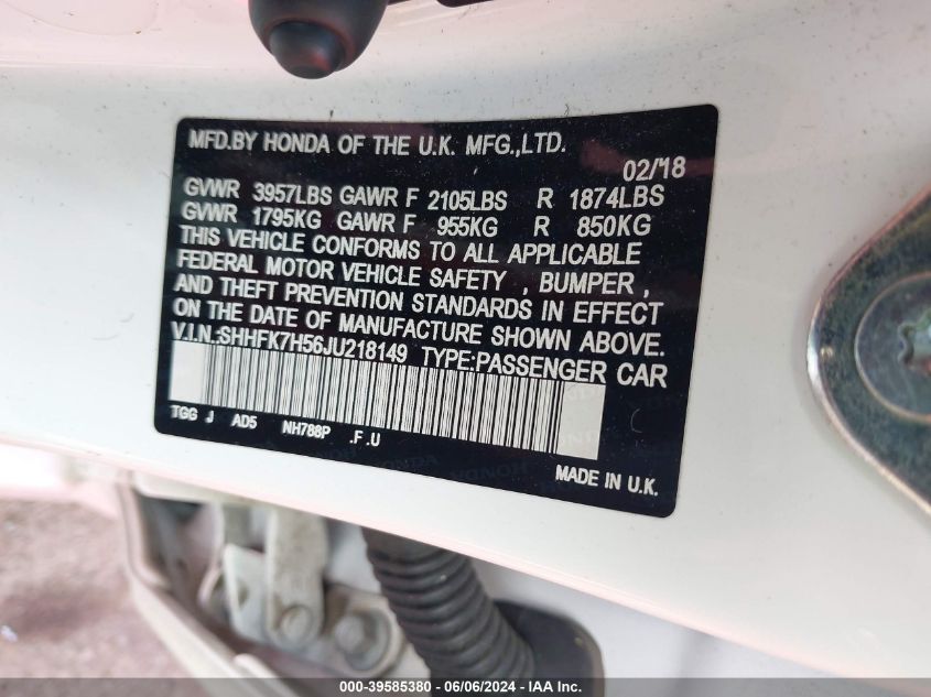 2018 Honda Civic Ex VIN: SHHFK7H56JU218149 Lot: 39585380